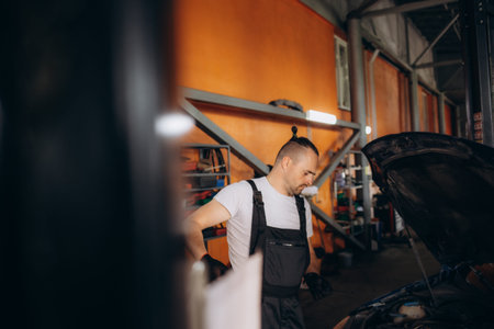 Mechanical checking oil level in a car workshop.