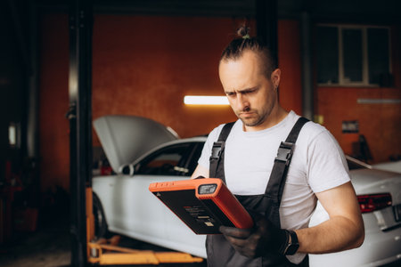 Portrait of young male mechanic with digital tablet at garageの写真素材