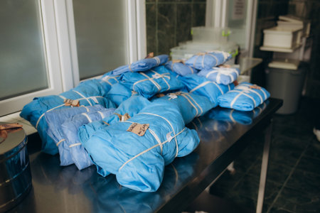 Medical surgical gowns on hangers