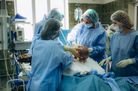 Doctor and nurse are pulling a new born baby from mom's abdomen.の写真素材