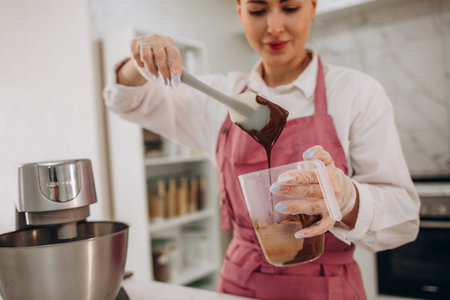 female cook hands pouring melted chocolate into tray. she is preparing sweet cake.