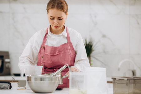 beautiful young chef decorating delicious dessert.