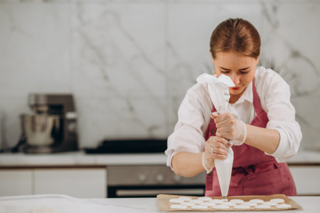 Close up of female pastry chef's hand cooking delicious macaroon. Close up, selective focus.