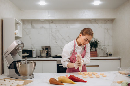 Process of making macaron macaroon, french dessert, squeezing the dough form cooking bag. Food...