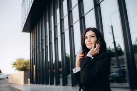 Happy young caucasian woman talking on phone standing near business center during day. Brunette wears strict clothes to work.の写真素材