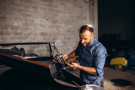 a middle-aged man checks the oil level in his retro car in the garage.の写真素材