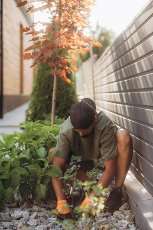 Happy gardener is planting vegetables at spring green garden backgroundの写真素材
