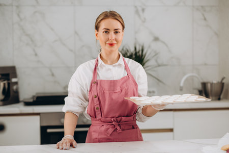 A young beautiful woman cooks in a bright kitchen. Cooking Macaroons. A cute girlp repares dough for cakes, hands and ingrident closeup. Cooking Macaroons. Cookie bakingの写真素材