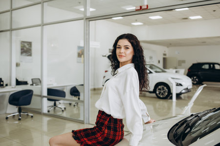 Happy friendly woman customer buyer female client wears blue shirt stand inside car chooses auto wants to buy new automobile in showroom vehicle salon dealership store motor show indoor. sales conceptの写真素材