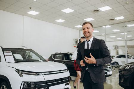 Closeup shot of successful confident smiling caucasian male shop assistant holding clipboard in formal clothes looking at camera at automobile car dealer shop.の写真素材