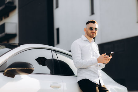 Business is his life. Handsome young businessman using smart phone while standing near his car outdoors.の写真素材