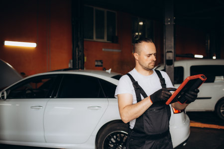 At the auto service. Handsome young auto mechanic in uniform is using a digital tablet while his colleague is examining carの写真素材