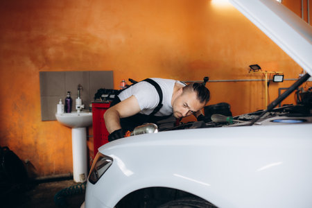 Professional middle aged caucasian car mechanic with laptop computer diagnostic tool standing by vehicle engine area with hood open detecting malfunction.の写真素材