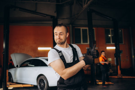 Strong smiling happyfun young male professional technician car mechanic man 20s wear denim blue overalls white t-shirt show ok okay gesture work in light modern vehicle repair shop workshop indoors.の写真素材