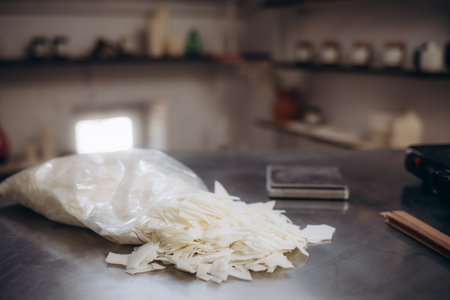 Set for crafting candle. Eco soy wax on white table. DIY candle. hobby conceptの写真素材