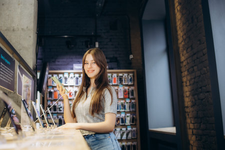 Portrait of happy young woman buying a new smartphone in store. Shopping a new digital deviceの写真素材