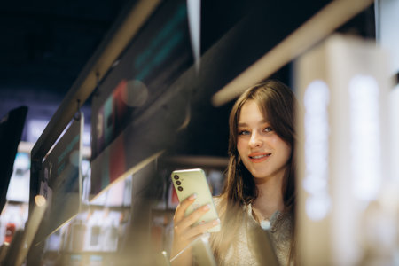 Portrait of happy young woman buying a new smartphone in store. Shopping a new digital deviceの写真素材