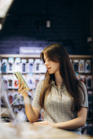 Woman choosing phone at technology store.