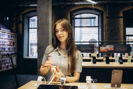 Portrait of happy smiling woman shopping a new smart watch in tech store. technology people concept.の写真素材