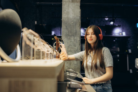 Close up of cute stylish happy girl testing and choosing headphones in a tech store.の写真素材