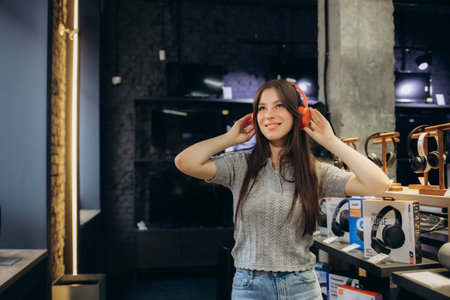 Woman trying on headphones in acoustics store.の写真素材