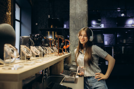 Close up of cute stylish happy girl testing and choosing headphones in a tech store.の写真素材