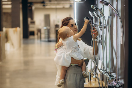 mother and daughter choose a shower in the store.の写真素材