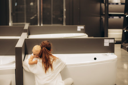 a young mother chooses a bath to go home.の写真素材