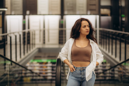 Portrait of smiling pretty young woman holding on escalator handrail and riding escalator going up in shopping mall, looking away, paper bags with purchases in hands, blurred background. high quality photoの写真素材