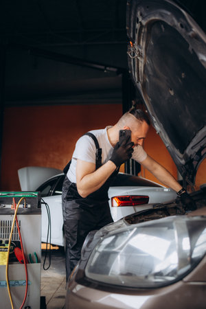 Technician check car air conditioning system refrigerant recharge, Repairman holding monitor tool to check and fixed car air conditioner system, Air Conditioning Repair. high quality photoの写真素材