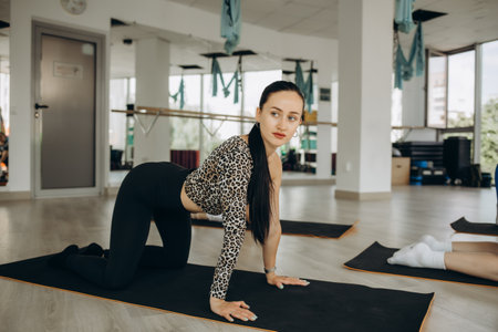 Fitness Workout. Sporty Woman Doing Bicycle Crunch Abs Exercise Lying On Floor Mat At Fitness Studio Or Minimal Interior Living Room. Determined Lady In Sportswear Training Flexing Abdominal Muscles. High quality photoの写真素材