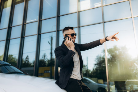 Business talk. Businessman talk on phone sitting on a bench in park. Businessman in suit call phone outside. Businessman talk phone sit on park bench. Business man in suit talk on phone in park. High quality photoの写真素材