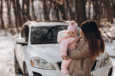 mother and daughter are walking in the winter park against the background of carsの写真素材