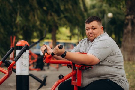 a fat man is doing sports in the parkの写真素材