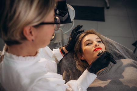 Master in beauty salon paints lips of girl model with permanent makeup machine. Closeup view. High...