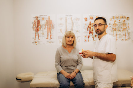 senior woman consultation with orthopedic doctor in hospitalの写真素材