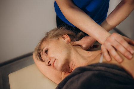Professional masseuse giving a back and shoulder massage to a older caucasian woman at the beauty spa. High quality photoの写真素材