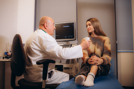 Pregnancy nutrition. Male specialist giving vitamins or supplements to young pregnant woman, doctor prescribing pills for treatment. Female patient receiving tablets from doctor. High quality photoの写真素材