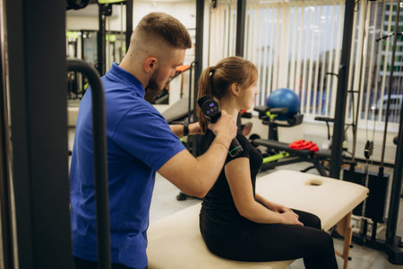 Sports percussion massage in medical room of gym. High quality photo