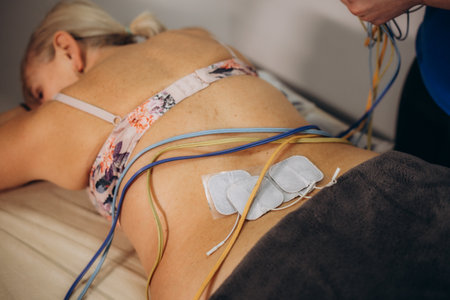 Back Pain Electrode Stimulation And Training. Electrotherapy. High quality photoの写真素材
