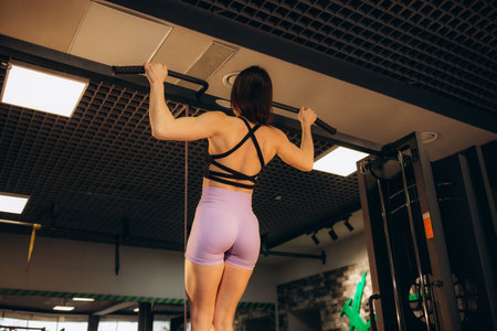 Fitness woman doing chin-ups in the gym for back workout. High quality photo