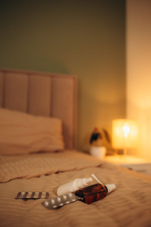 Cold medicine on the background of a sofa with pillows and a blanket. Tablets, spray and thermometer...