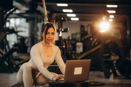 Female sport instructor trainer Caucasian woman slim sportswoman girl influencer teaching online workout on laptop fitness class in gym training video tutorial yoga on digital device in sports club.の写真素材
