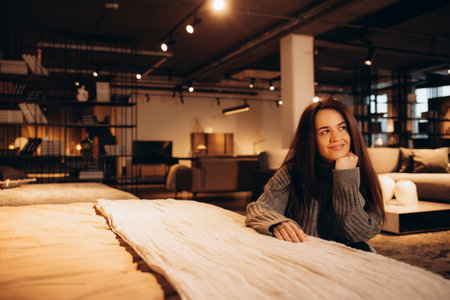 Woman choosing bed mattress in furniture store. High quality photoの写真素材