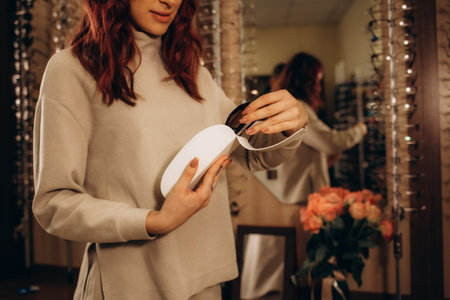 a woman chooses a case for glasses in an optical storeの写真素材