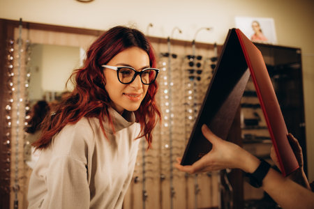 Optics shop. A young woman chooses glasses in an optical store. Stand with glasses. Vision correction. Woman in glasses. Portrait of a woman in corrective glasses. High quality photoの写真素材