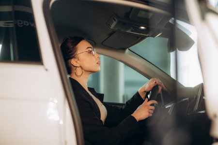 Happy woman customer female buyer client in shirt hold put hand on steering wheel choose auto want...