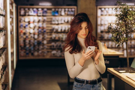 Woman choosing phone at technology store. High quality photoの写真素材