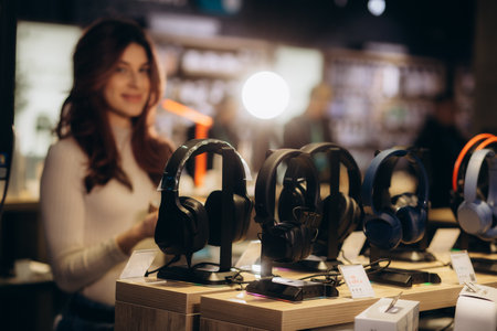 Cheerful young woman buying new headphones in tech store department. High quality photoの写真素材
