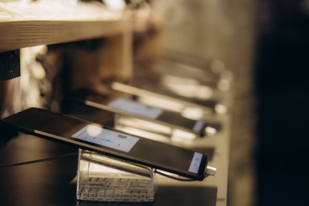 Showcase with tablets in the light modern tech store. Tablets on a showcase in a light electronics store. High quality photoの写真素材